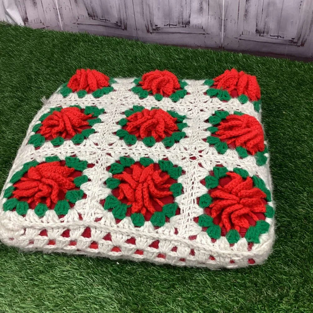 Vintage Crochet Rose Flower Pillow Raised